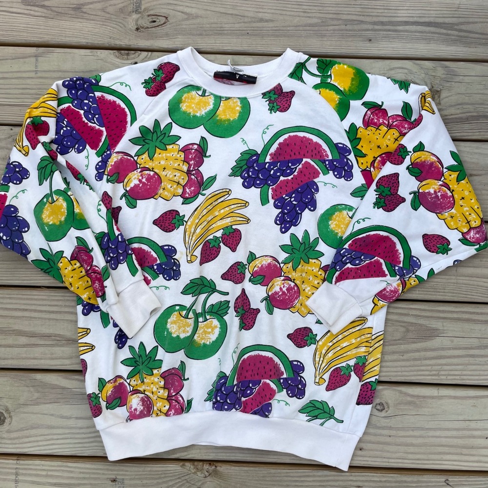 AOP YES Collage Fruit All Over Print Sweatshirt White Crewneck Large 80s 90s